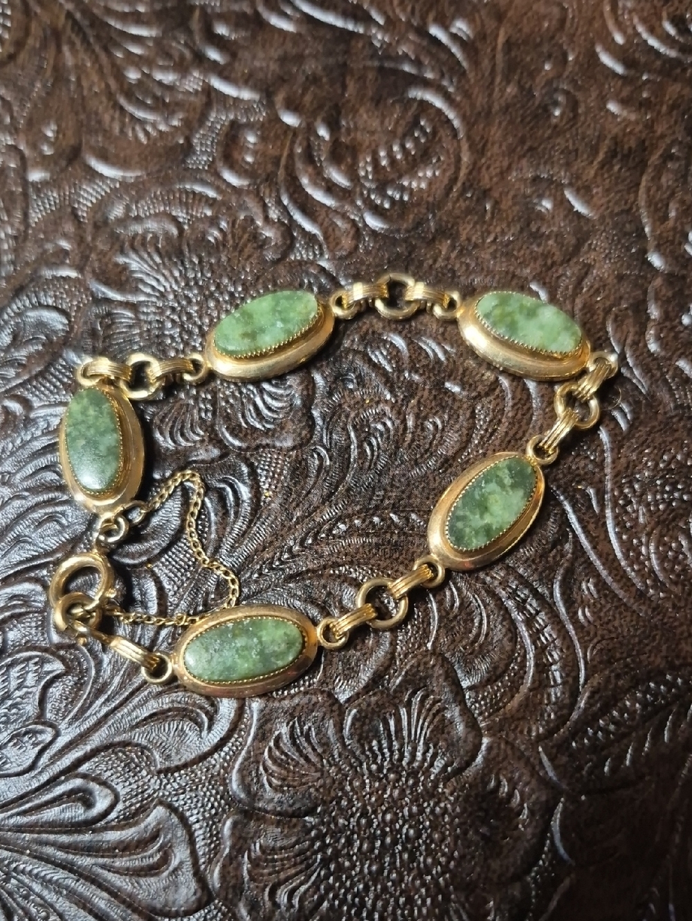 Vintage Gold-Filled Green Jade Oval Link Bracelet - Women Jewelry